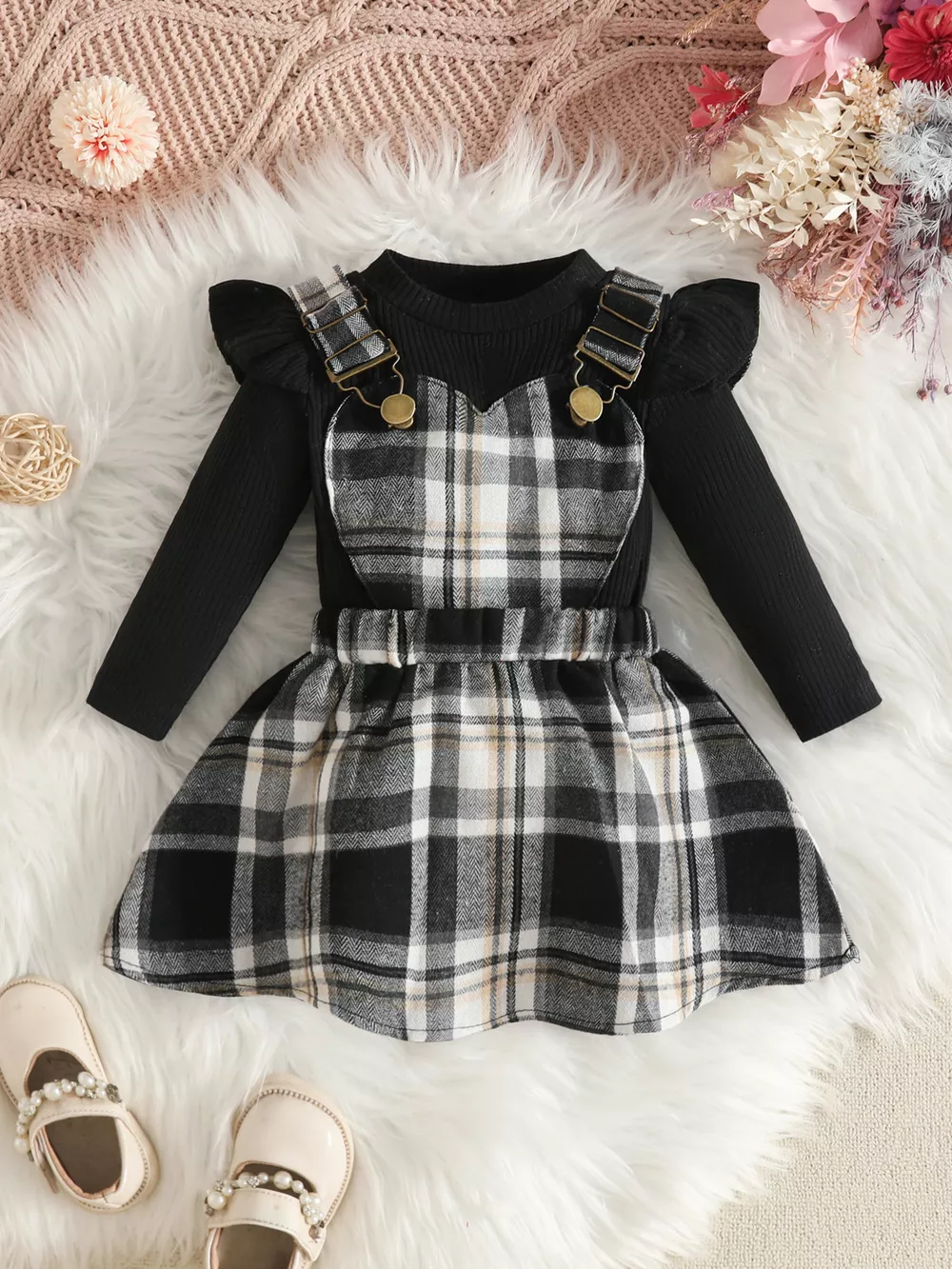 Children's Plaid Suspender Skirt Set with Ribbed Long Sleeve Top, image 5