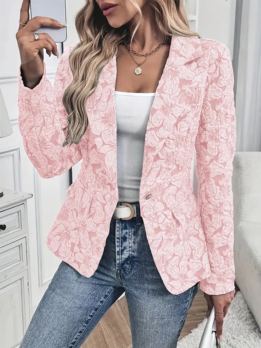 Floral Print Single Button Blazer with Pockets, image 3