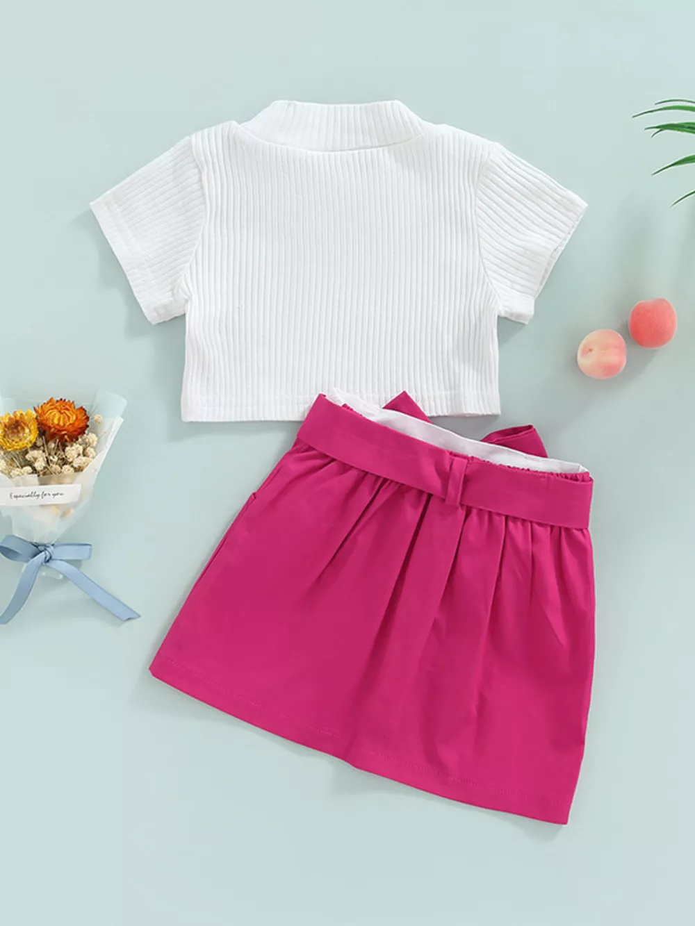 Children's Ribbed Knit Top & Bow Decor Skirt Set, image 5