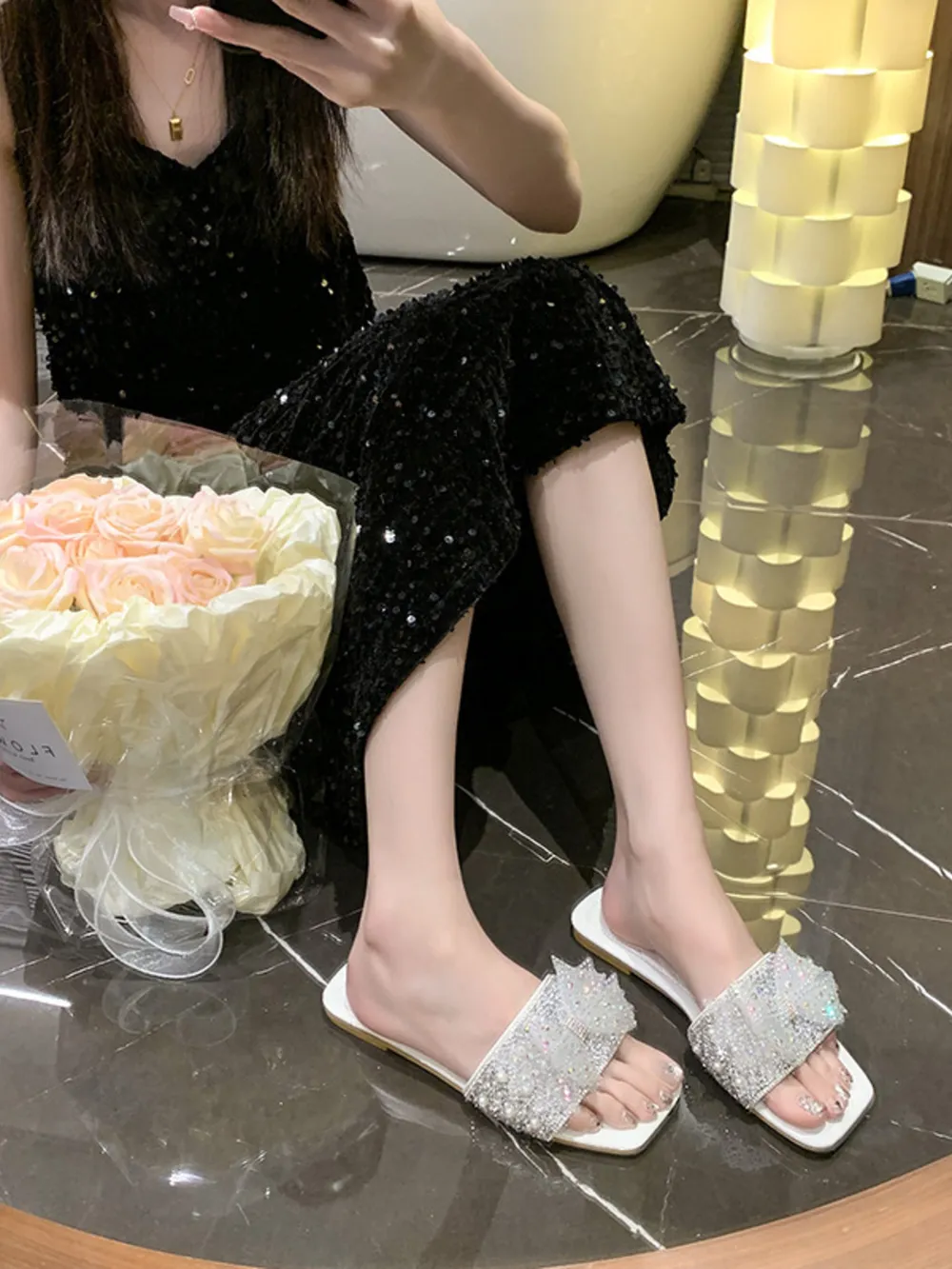 Rhinestone Embellished Flats Slip-On Sandals, image 7