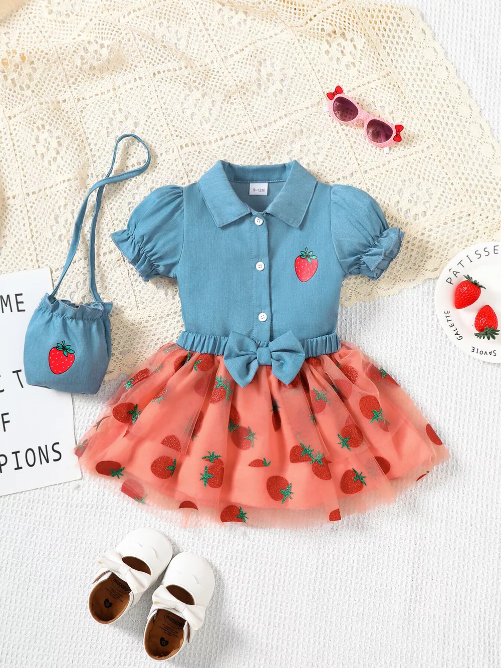 Children's Strawberry Short Sleeve Top and Skirt Set with Bag, image 2