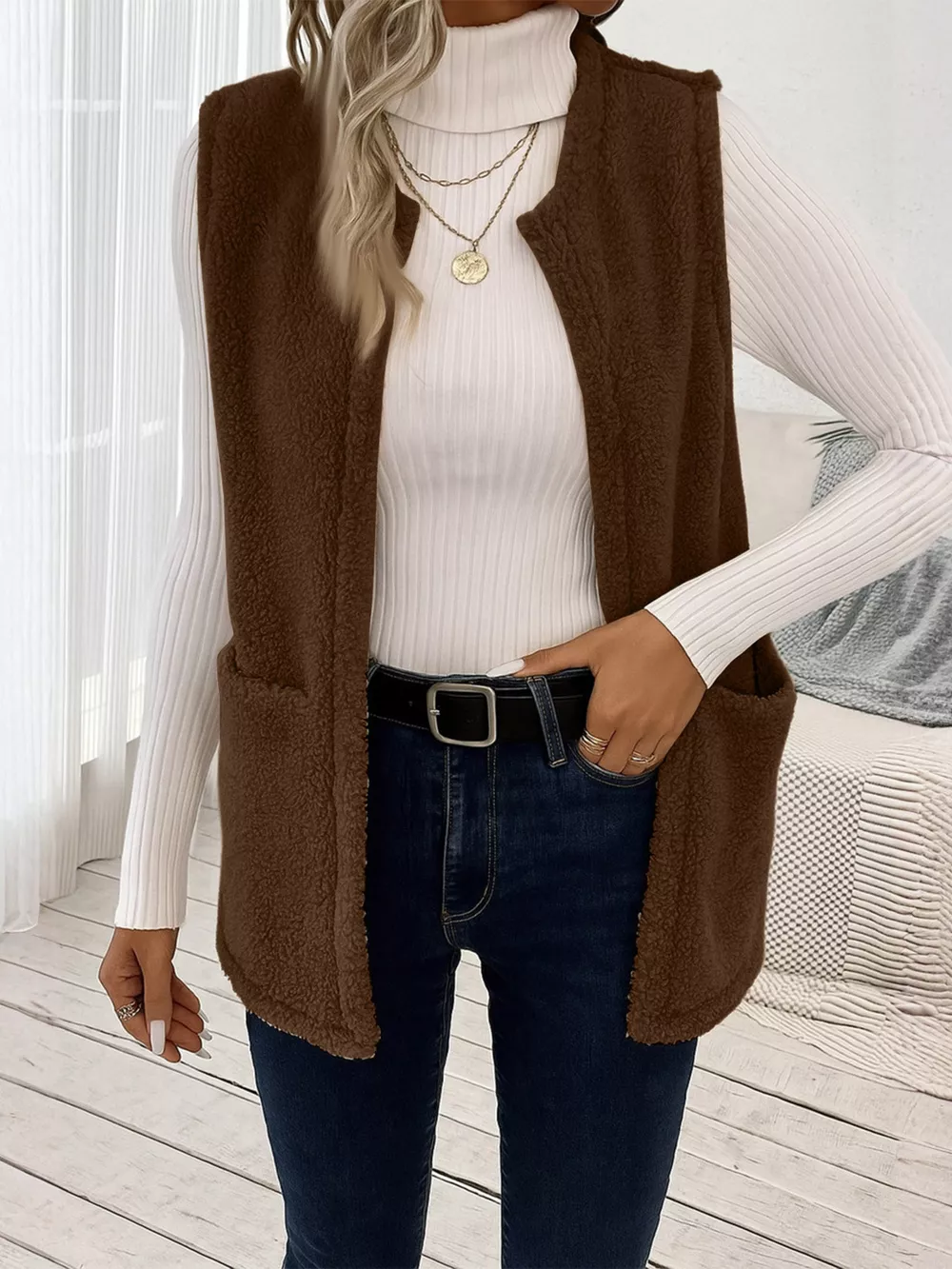 Sleeveless Fuzzy Fleece Vest Coat, image 11