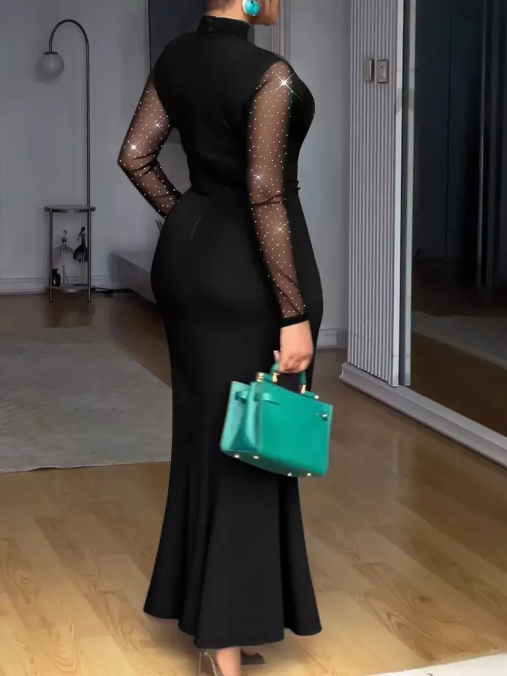 Mesh Mock Neck Long Sleeve Maxi Dress, image 3