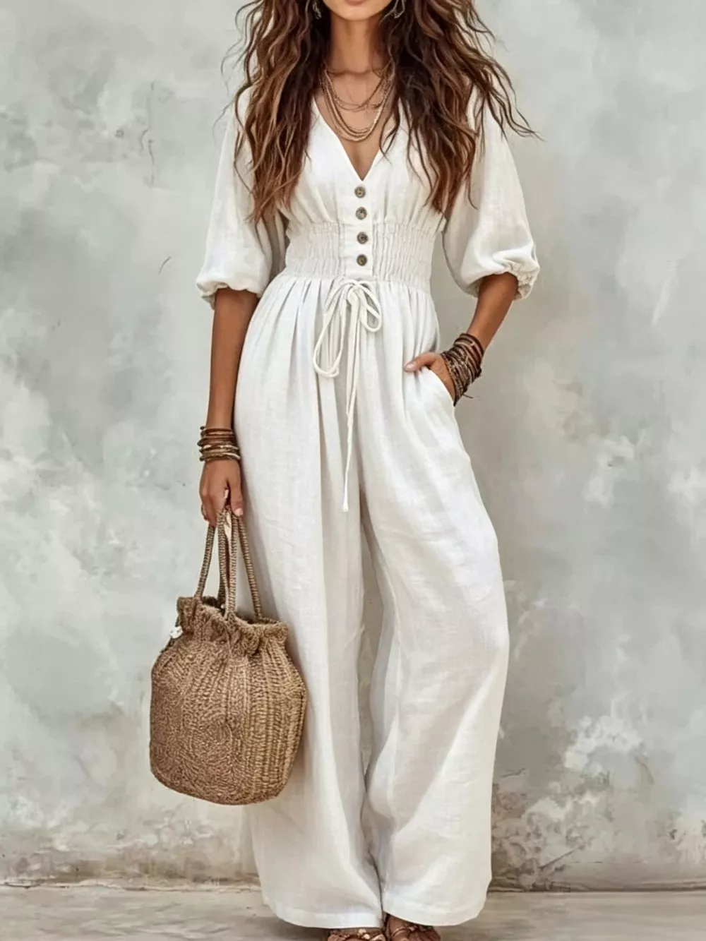 V-Neck Smocked Waist Wide-Leg Jumpsuit, image 13