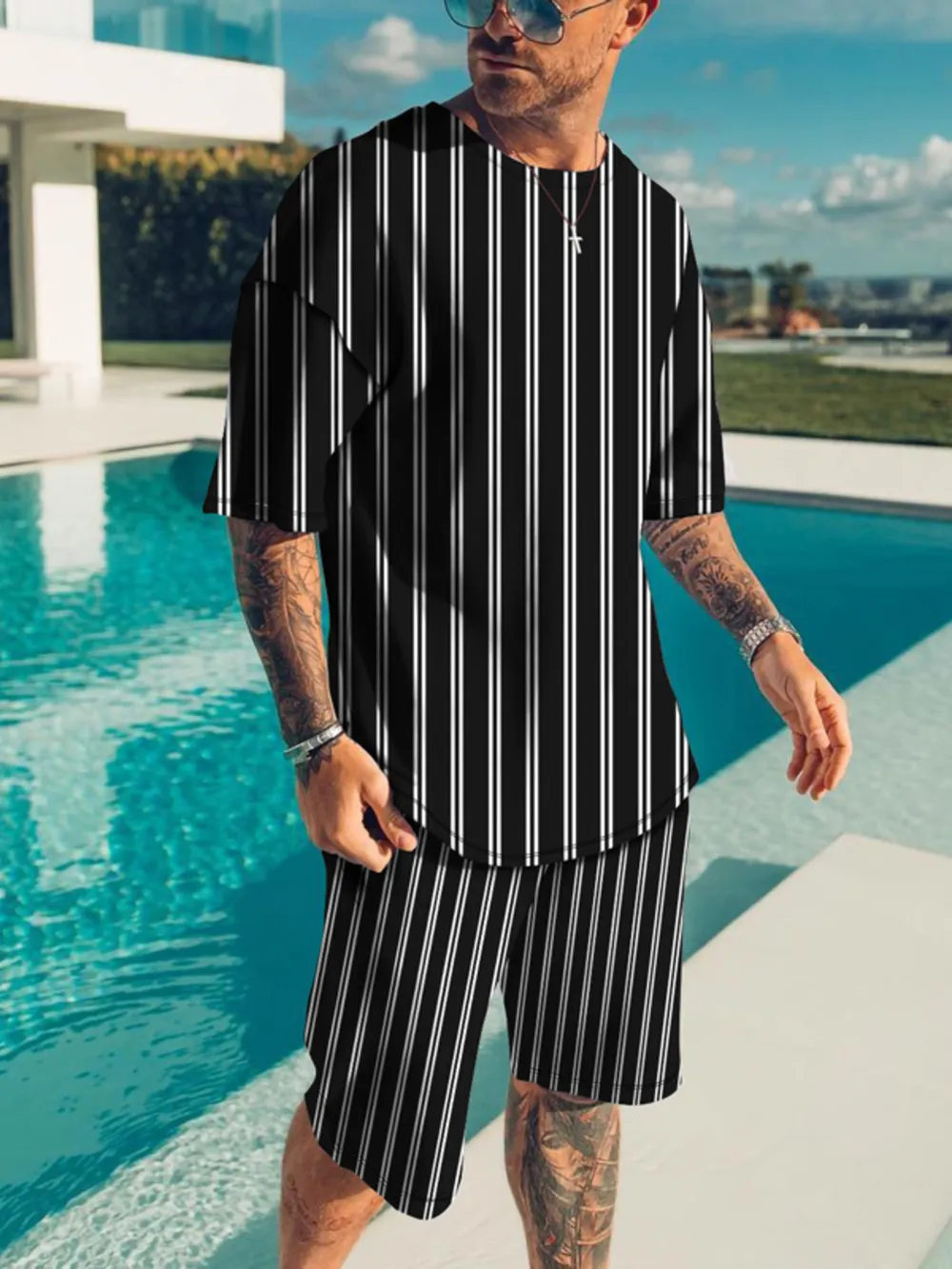 Men's Full Size Striped Short Sleeve Top and Shorts Set Plus Size, image 2