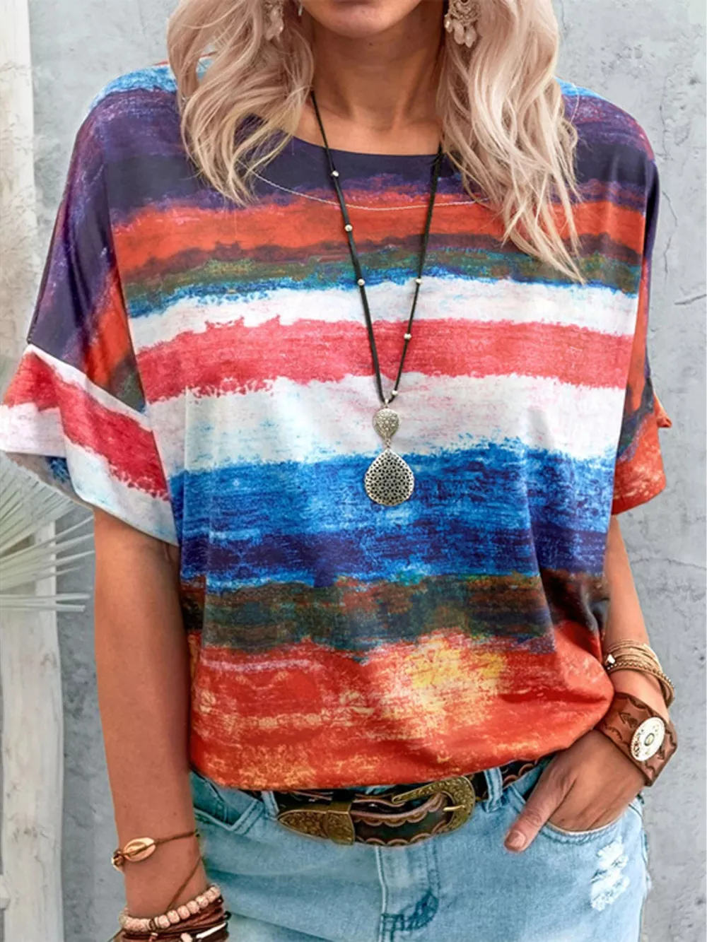 Contrast Round Neck Casual T-Shirt, image 7