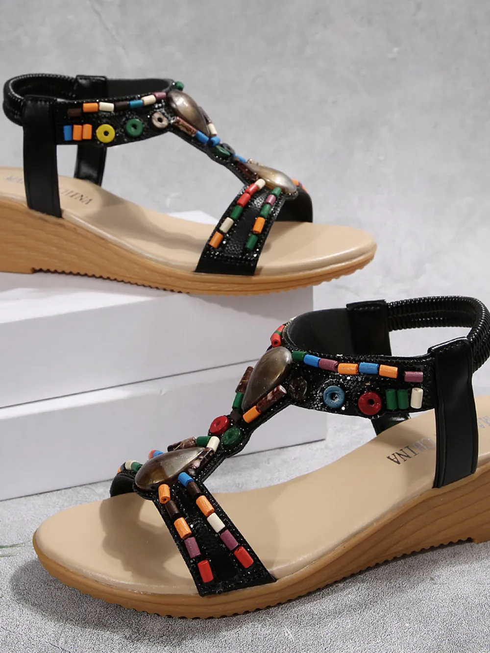Bohemian Beaded T-Strap Wedge Sandals, image 2