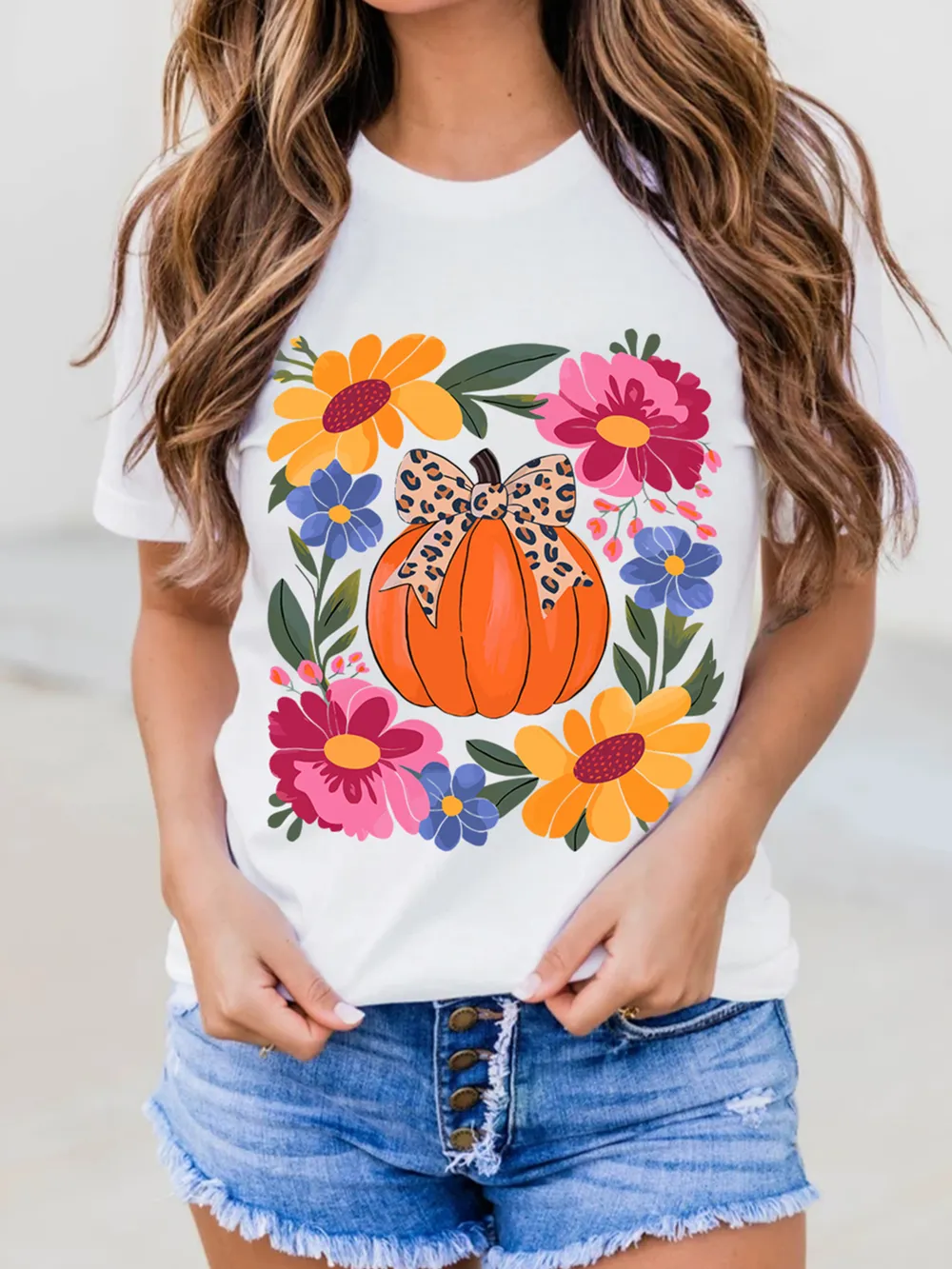 Pumpkin Floral Graphic Round Neck T-Shirt, image 4