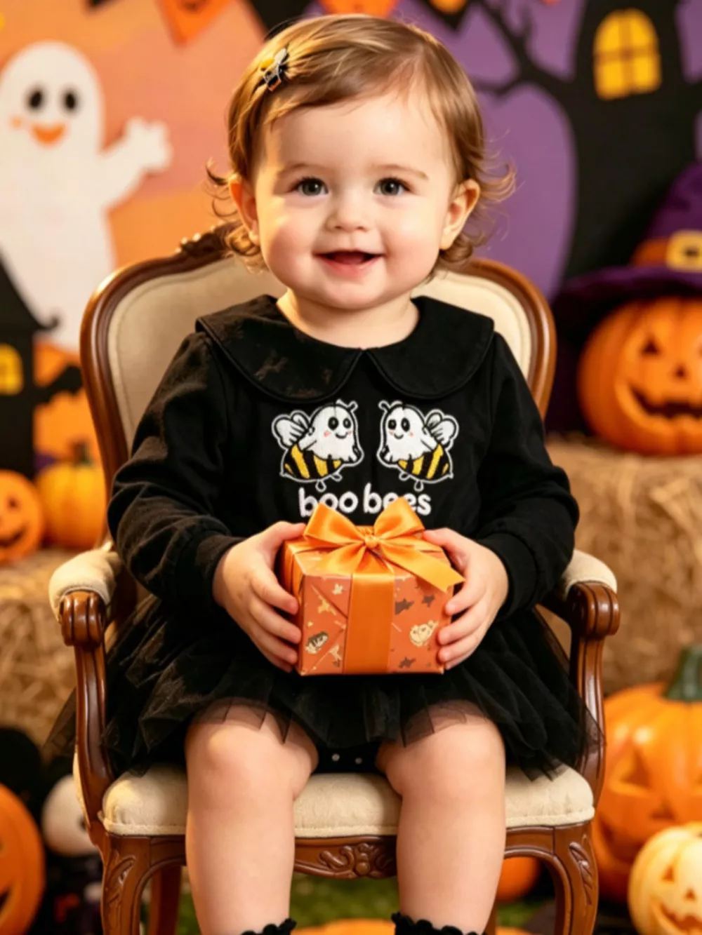 Children's Halloween Embroidered Tulle Bodysuit Dress