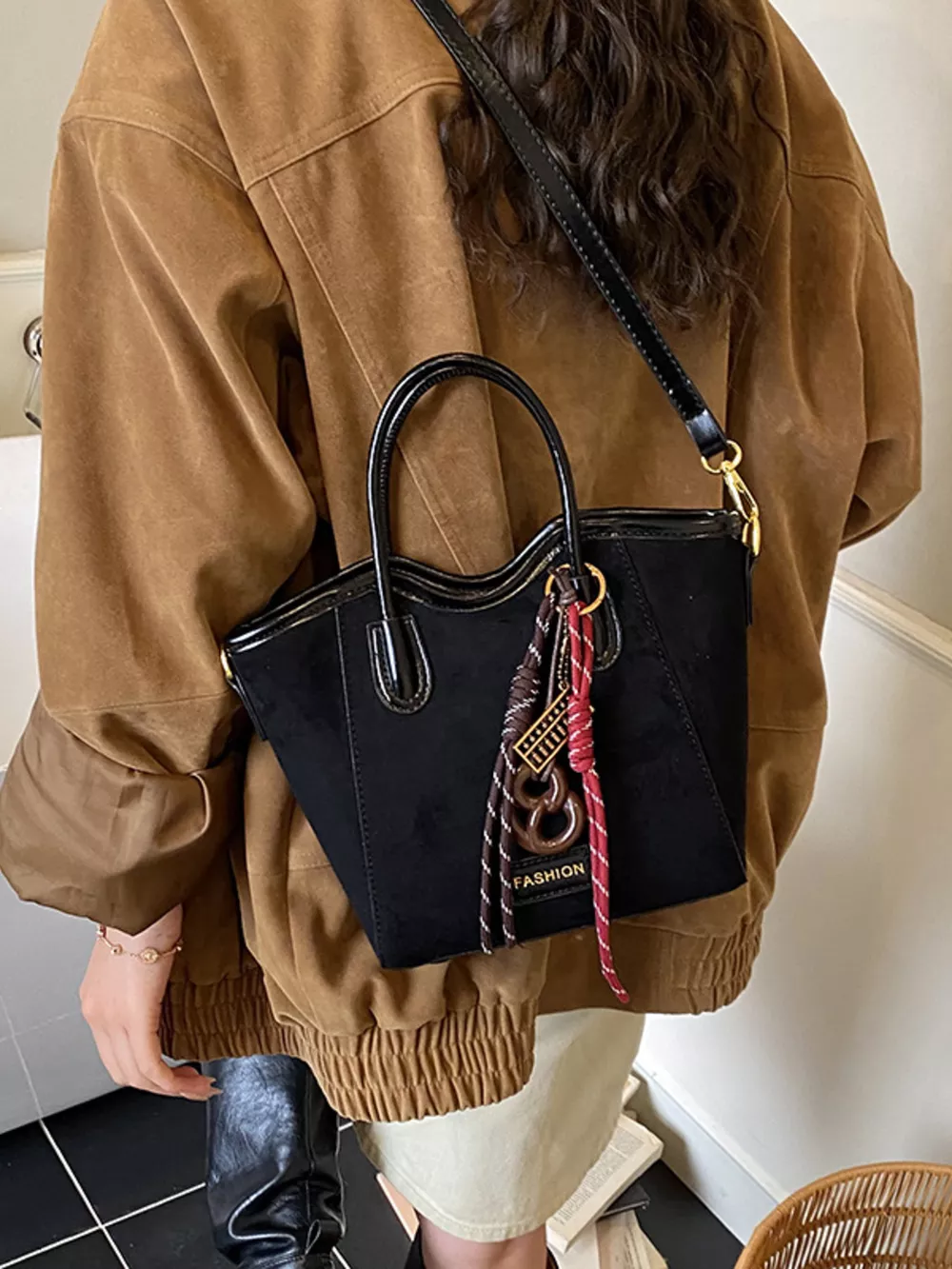 Suede Leather Strap Tote Bag, image 7