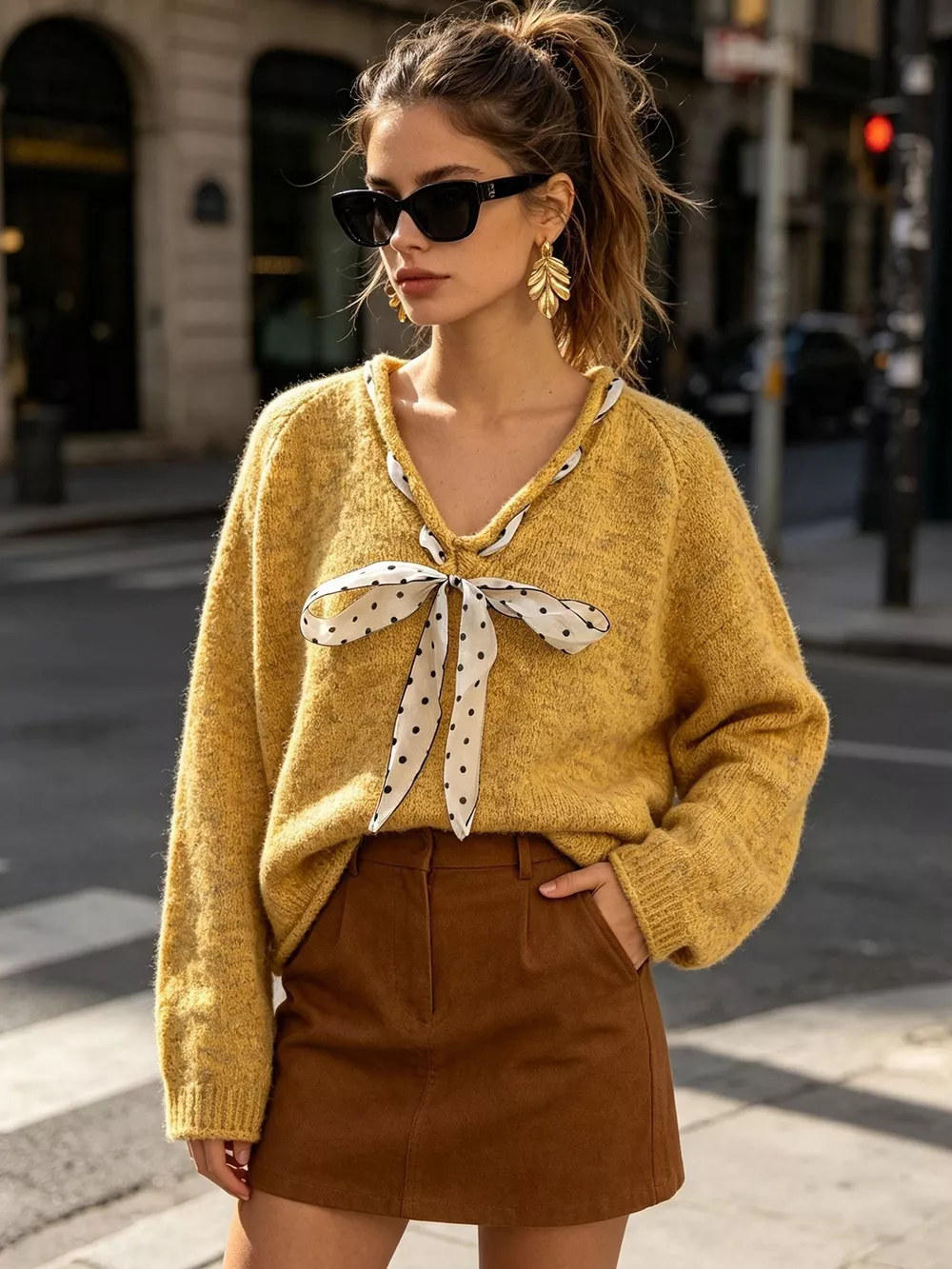 Chic V-Neck Sweater with Polka Dot Ribbon Tie, image 21