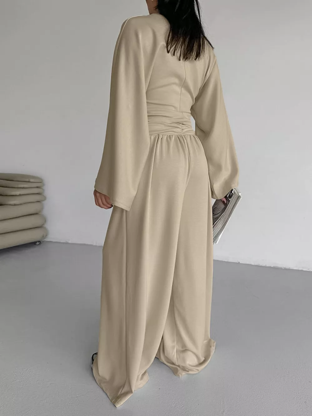 Round Neck Top and Wide Leg Pants Set, image 2