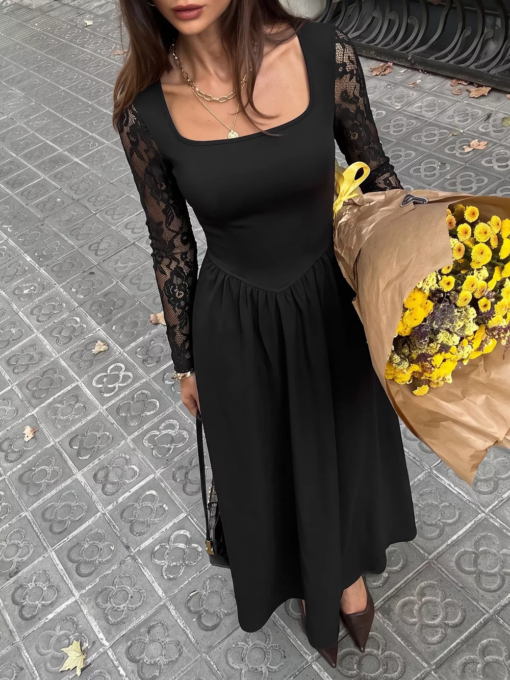 Square Neck Sheer Sleeve Maxi Dress, image 2