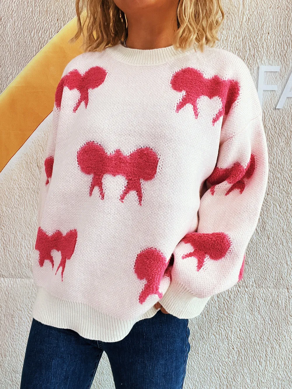 Bow Pattern Round Neck Sweater, image 5
