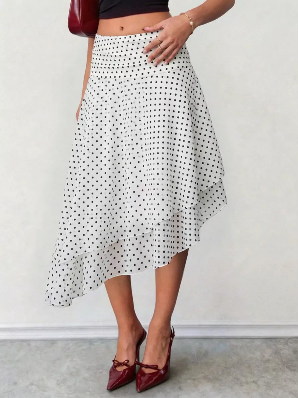 Polka Dot Asymmetrical Hem Midi Skirt, image 2