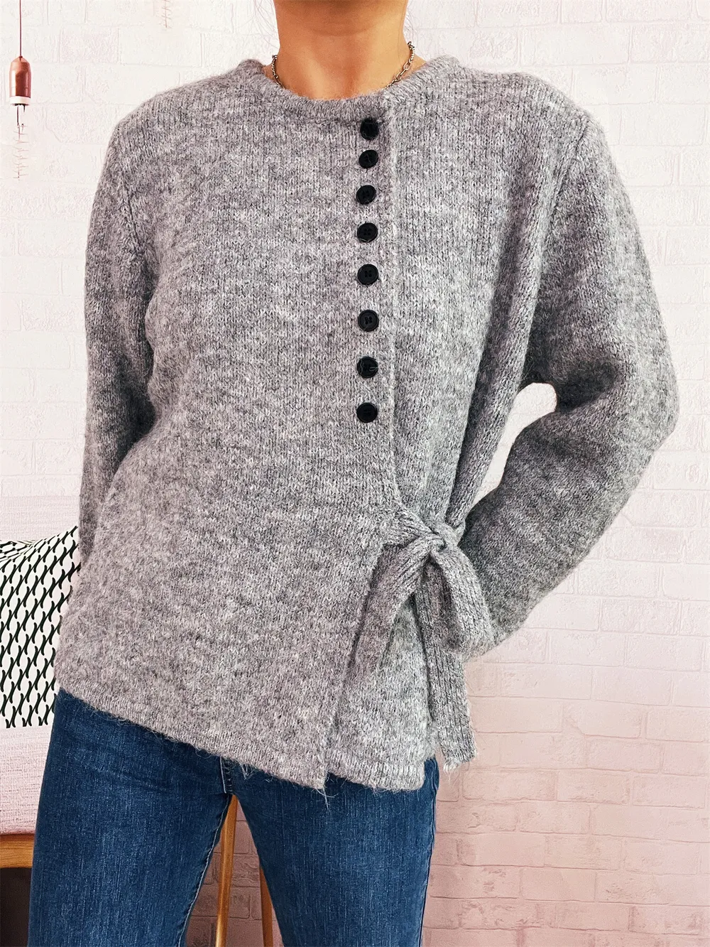 Button-Front Side-Tie Sweater, image 8