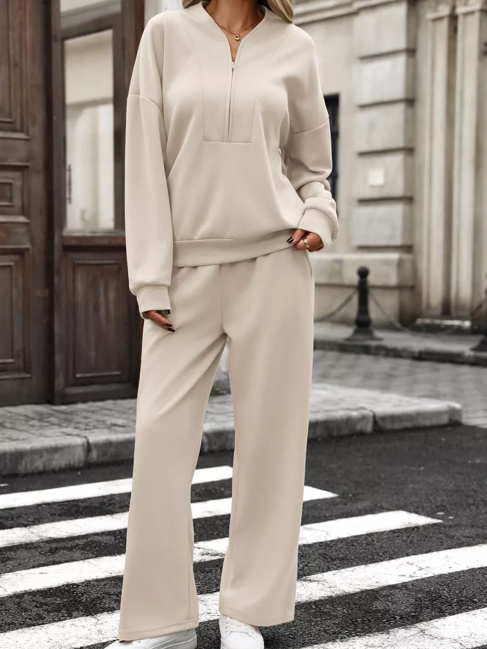 Half Zip Sweatshirt and Wide-Leg Pants Set, image 15