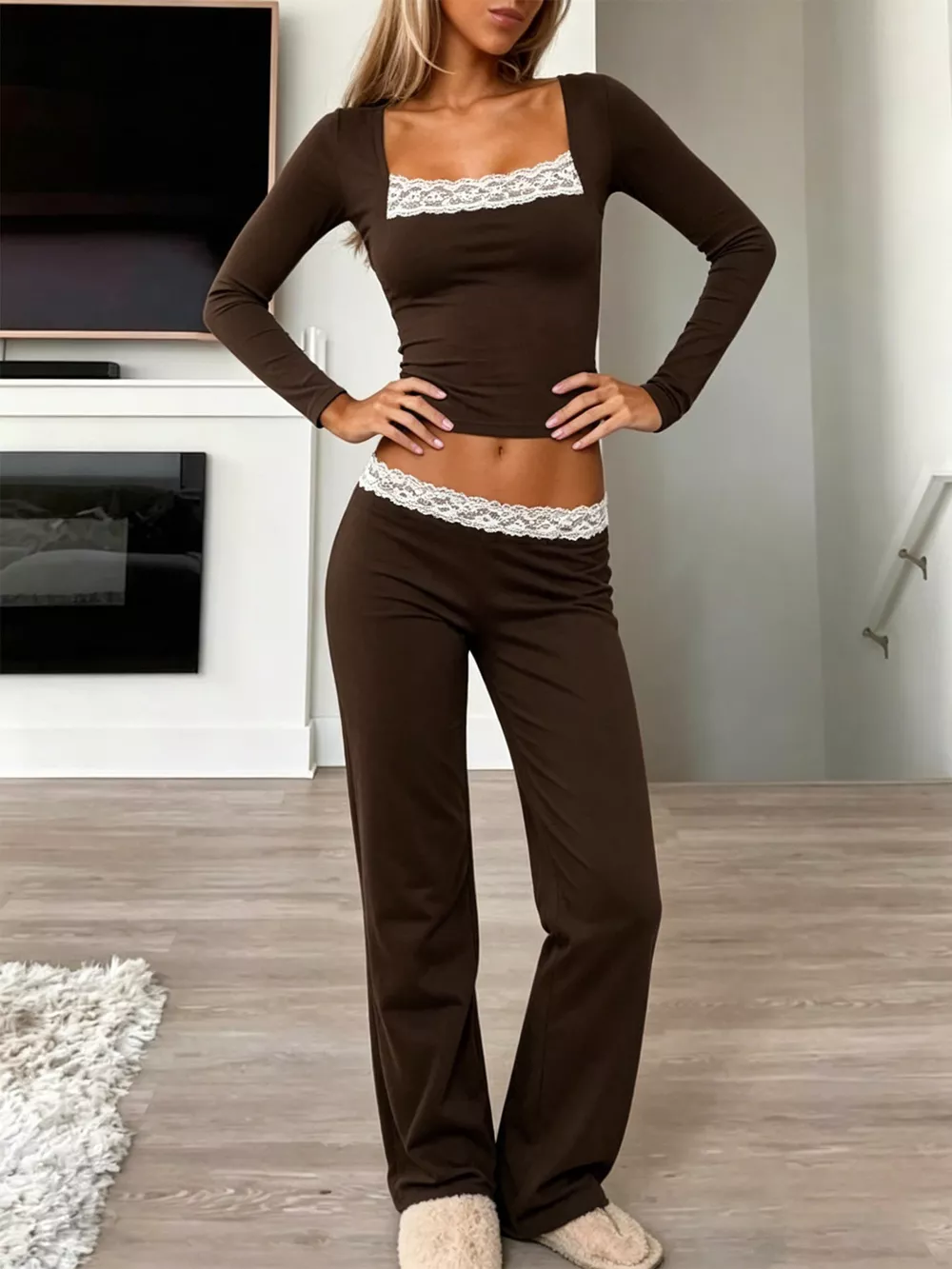 Long Sleeve Lace Trim Crop Top and Wide Leg Pants Set