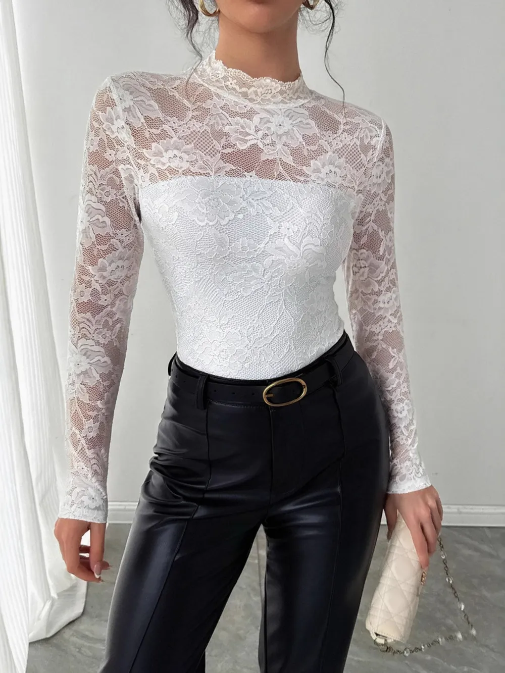 Mock Neck Long Sleeve Lace Top, image 3
