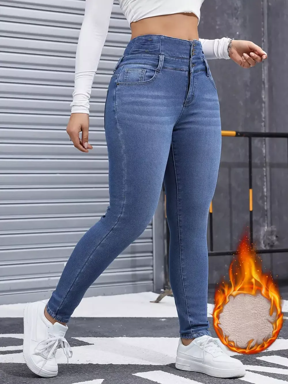 High-Waisted Slim Fit Fleece-Lined Jeans, image 3