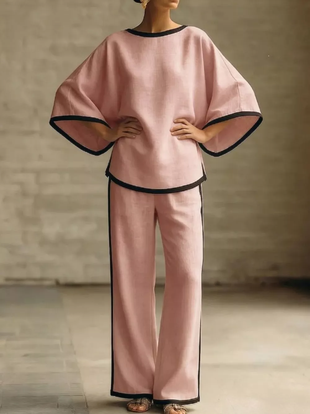 Full Size Contrast Trim Top and Wide-Leg Pants Set Plus Size, image 7