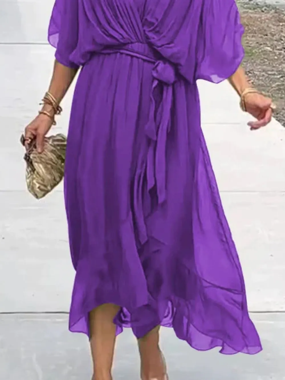 Full Size Flowy Tie Front Midi Dress with Flutter Sleeves Plus Size, image 18