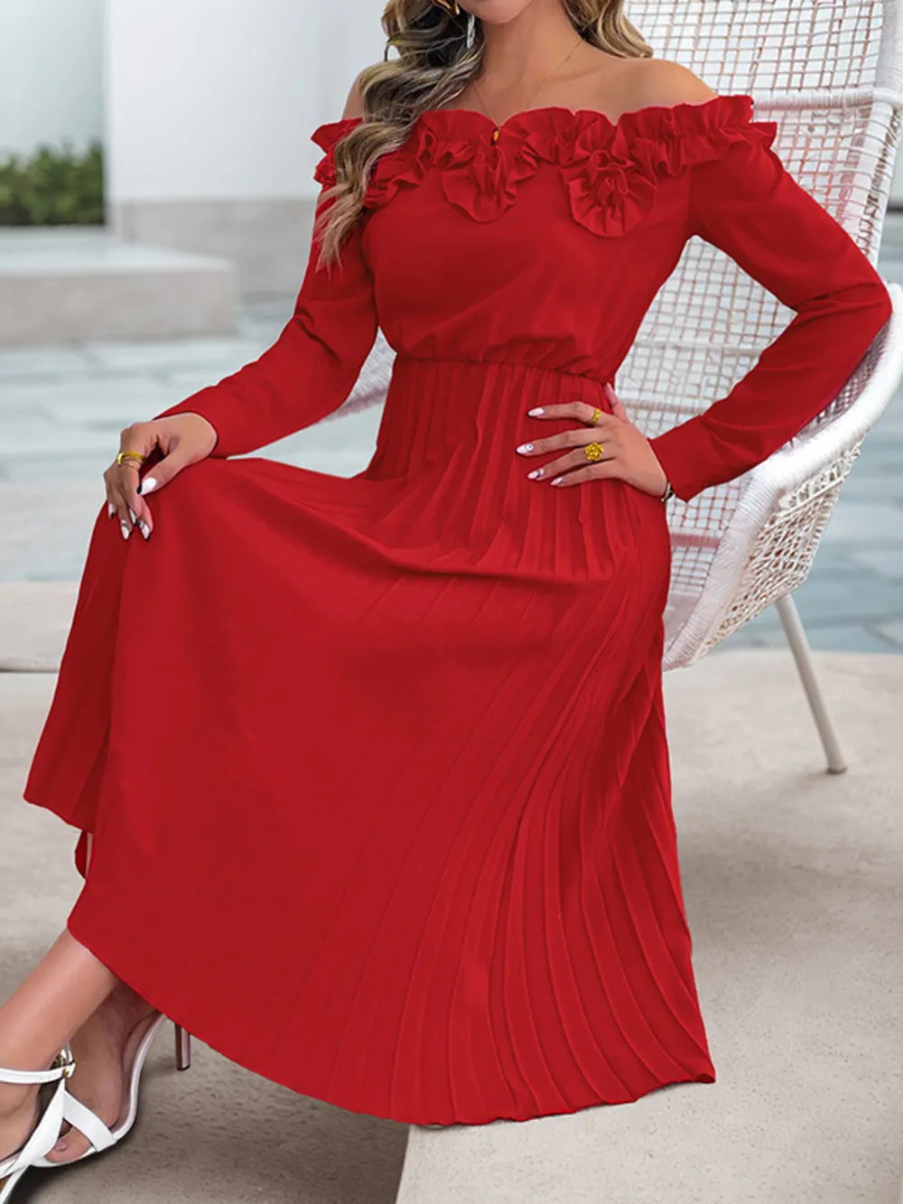 Off-Shoulder Ruffle Pleated Midi Dress, image 4