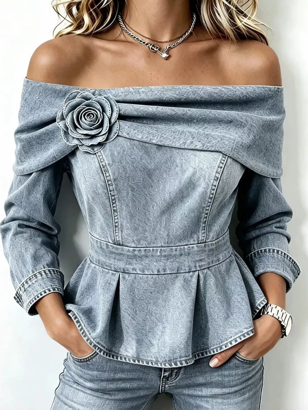 Full Size Off-Shoulder Floral Denim Look Top Plus Size, image 5