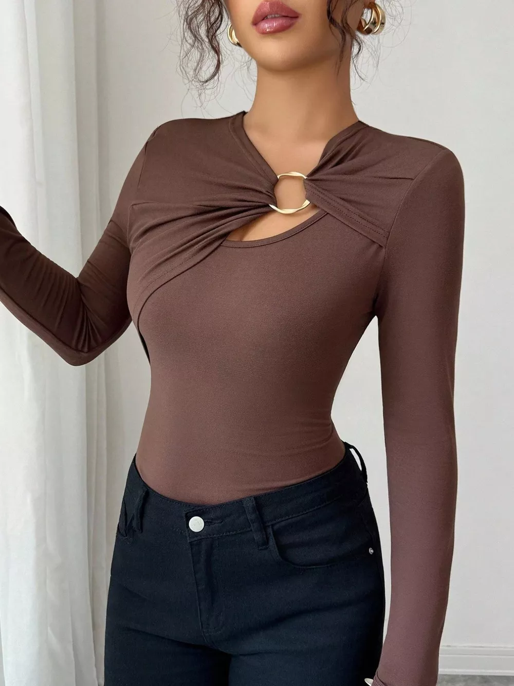 Twist Front Ring Detail Long Sleeve T-Shirt, image 2