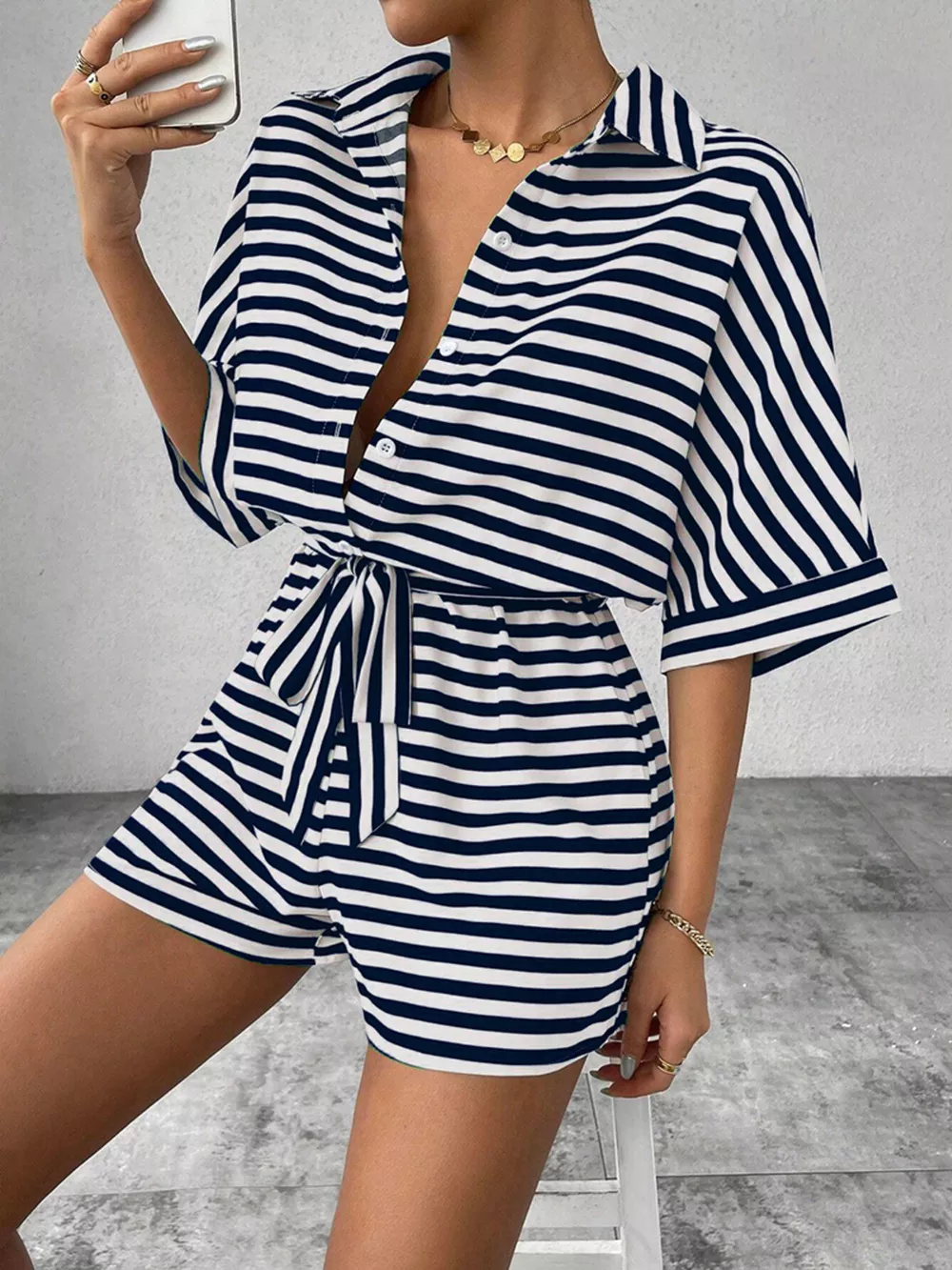 Striped Button Front Half Sleeve Romper, image 8