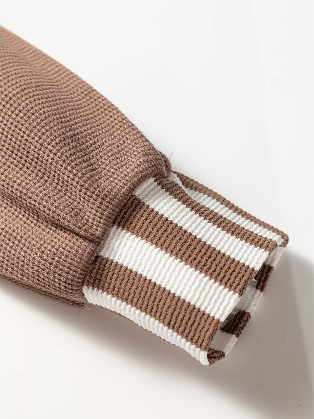 Waffle Texture Striped Patchwork Button Neck Drawstring Hoodie, image 7
