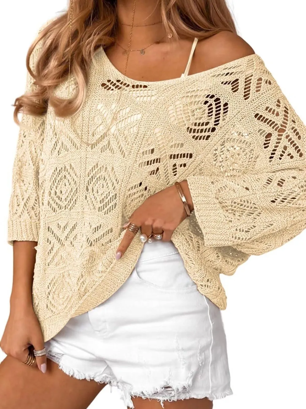 Openwork 3/4 Sleeve Knit Cover Up, image 2