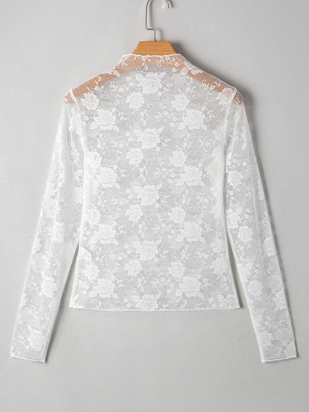 Sheer Floral Lace Mesh Mock Neck Long Sleeve Top, image 9