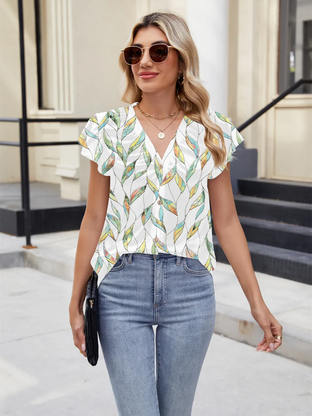 Floral Print V-Neck Cap Sleeve Casual Summer Blouse, image 9