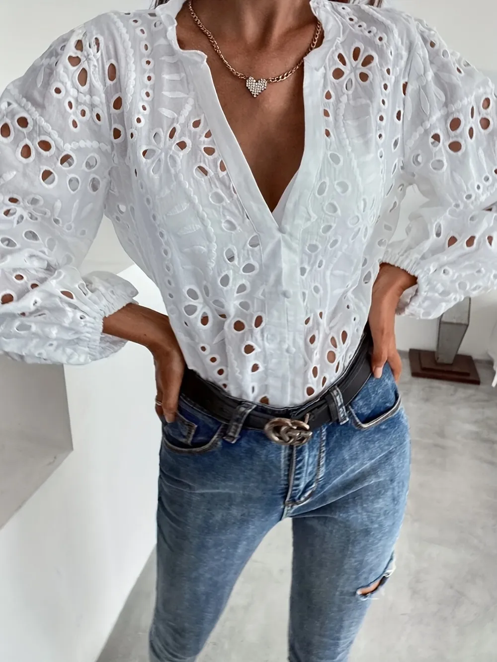 Eyelet Embroidered Button Front Shirt with Puffed Sleeves, image 6