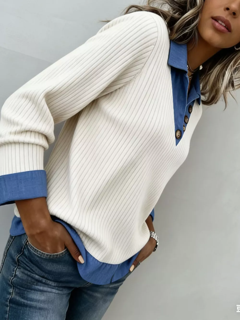 Denim Trim Ribbed Knit Top, image 2