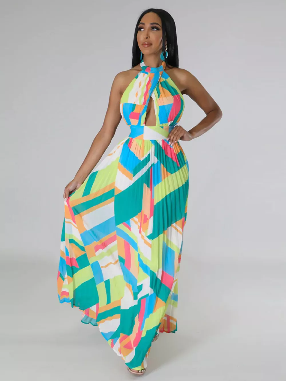 Halter Neck Geometric Print Pleated Maxi Dress, image 10