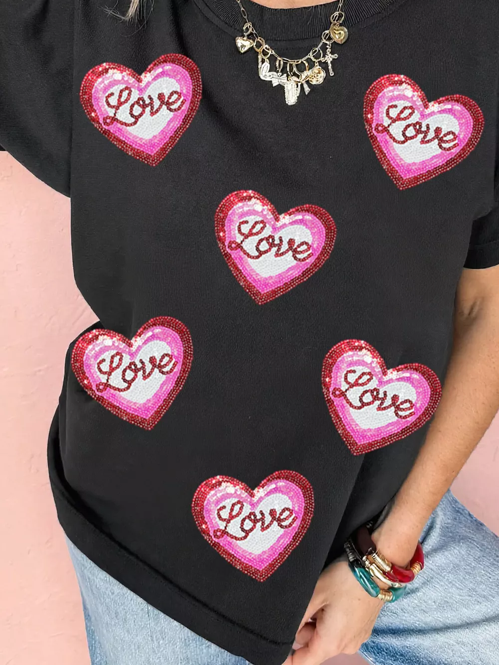 Sequin Love Heart Patched Crew Neck Casual Tee, image 2