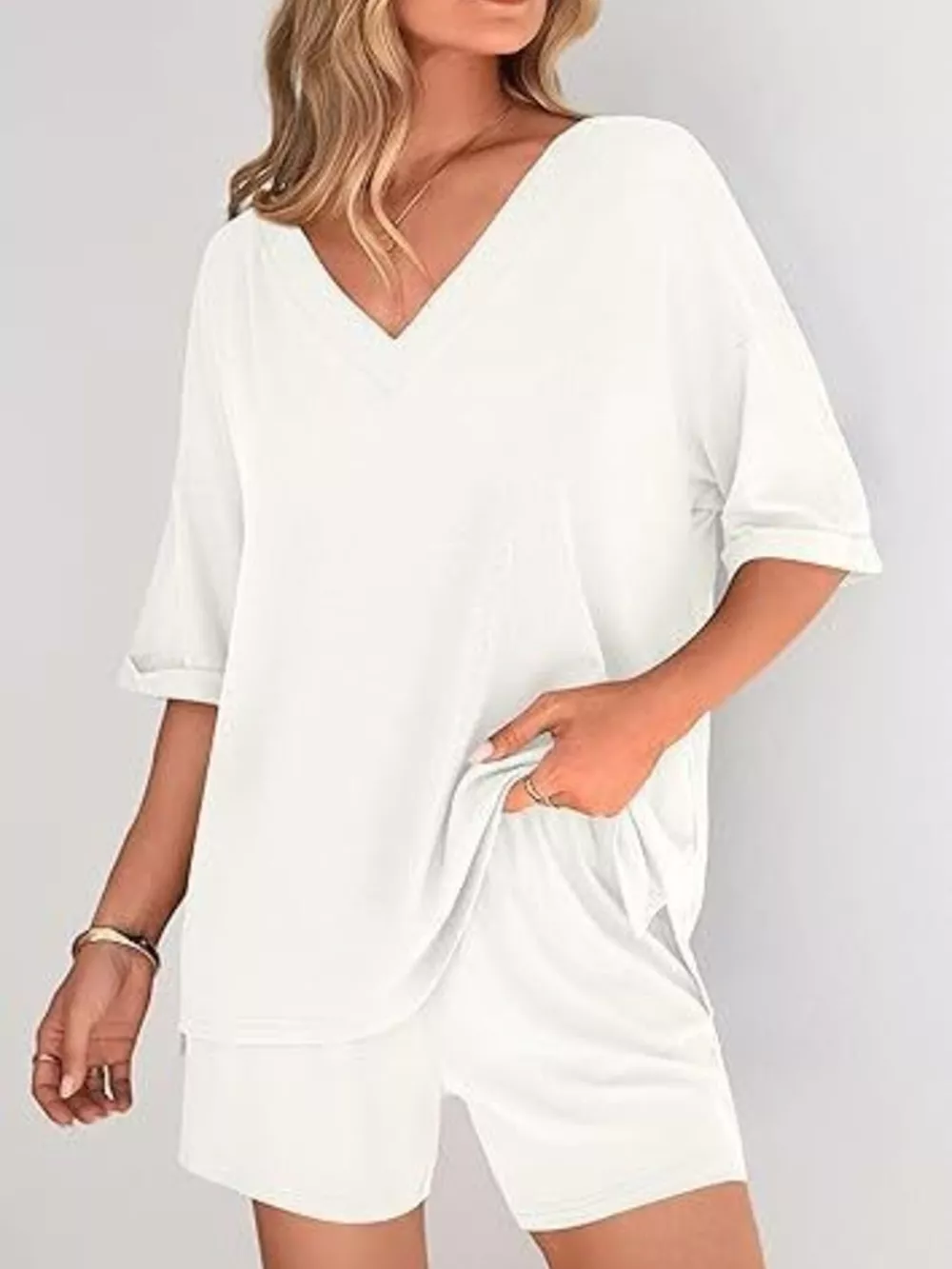 Solid Color V-Neck and Shorts Set, image 5