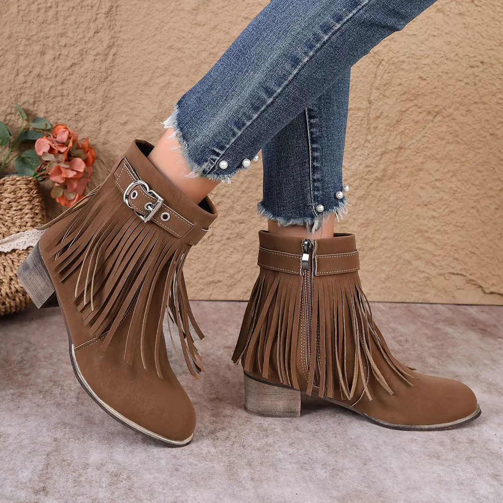 Fringe Ankle Boots with Buckle Detail, image 6