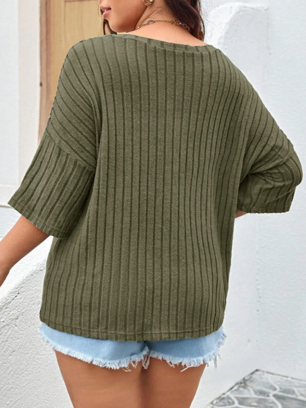 Plus Size V-Neck Ribbed Knit T-Shirt, image 10
