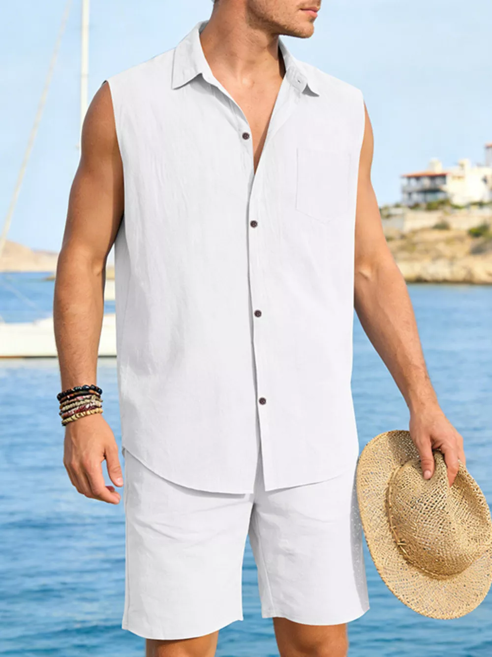 Men's Full Size Button Up Sleeveless Top and Shorts Plus Size, image 11