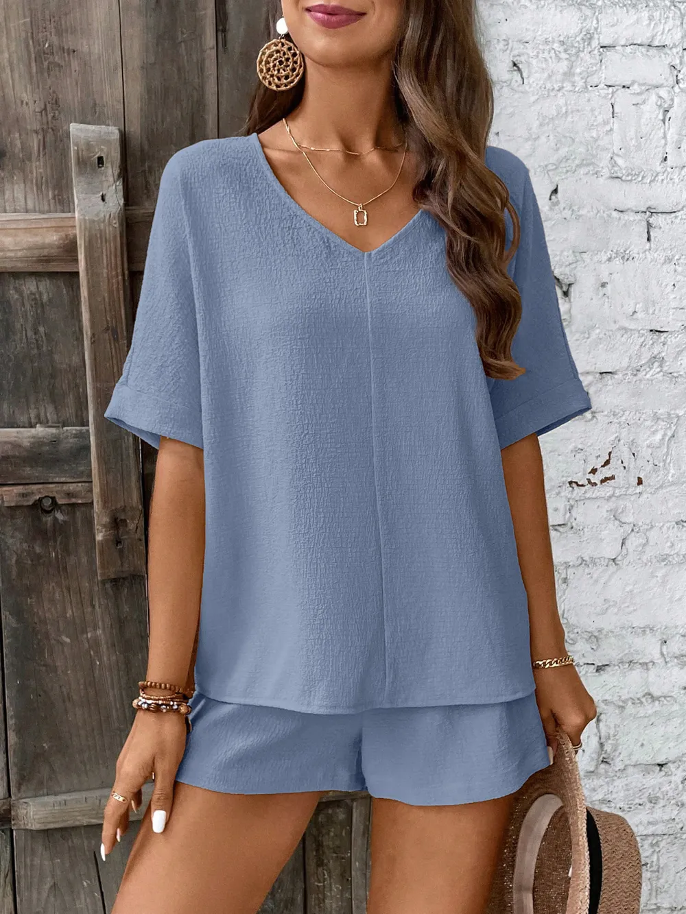 Relaxed Fit V-Neck Top and Shorts Two-Piece Set