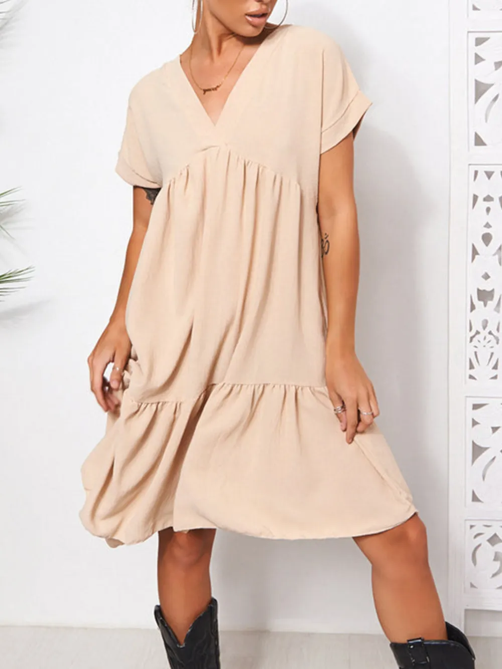 V-Neck Babydoll Tiered Mini Dress, image 3