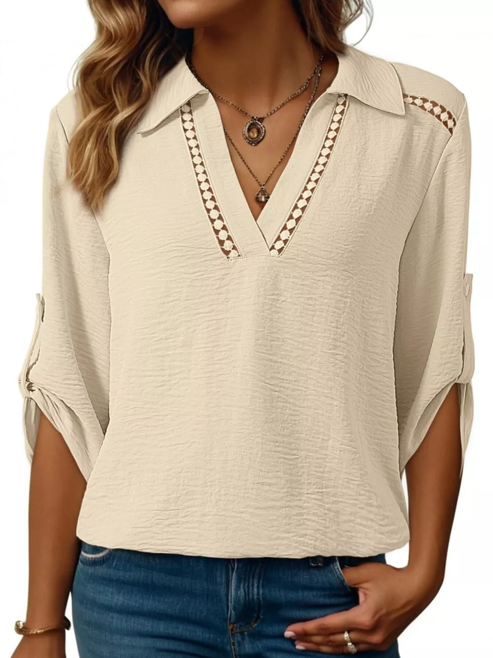 Johnny Collar Roll-Up Sleeve Blouse, image 11