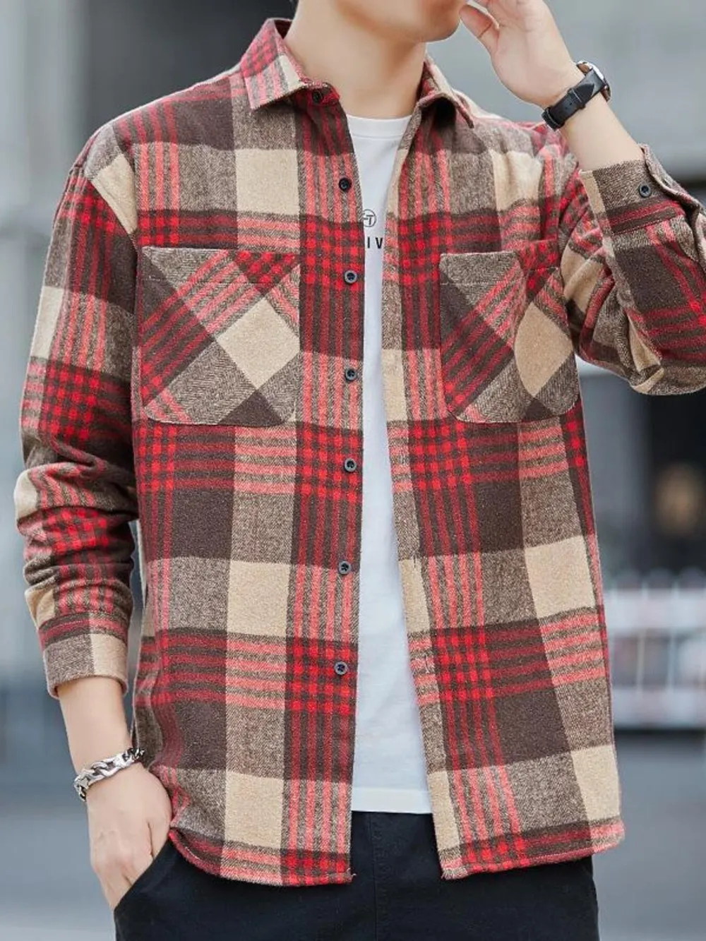 Men's Plus Size Casual Plaid Long Sleeve Shirt, image 4