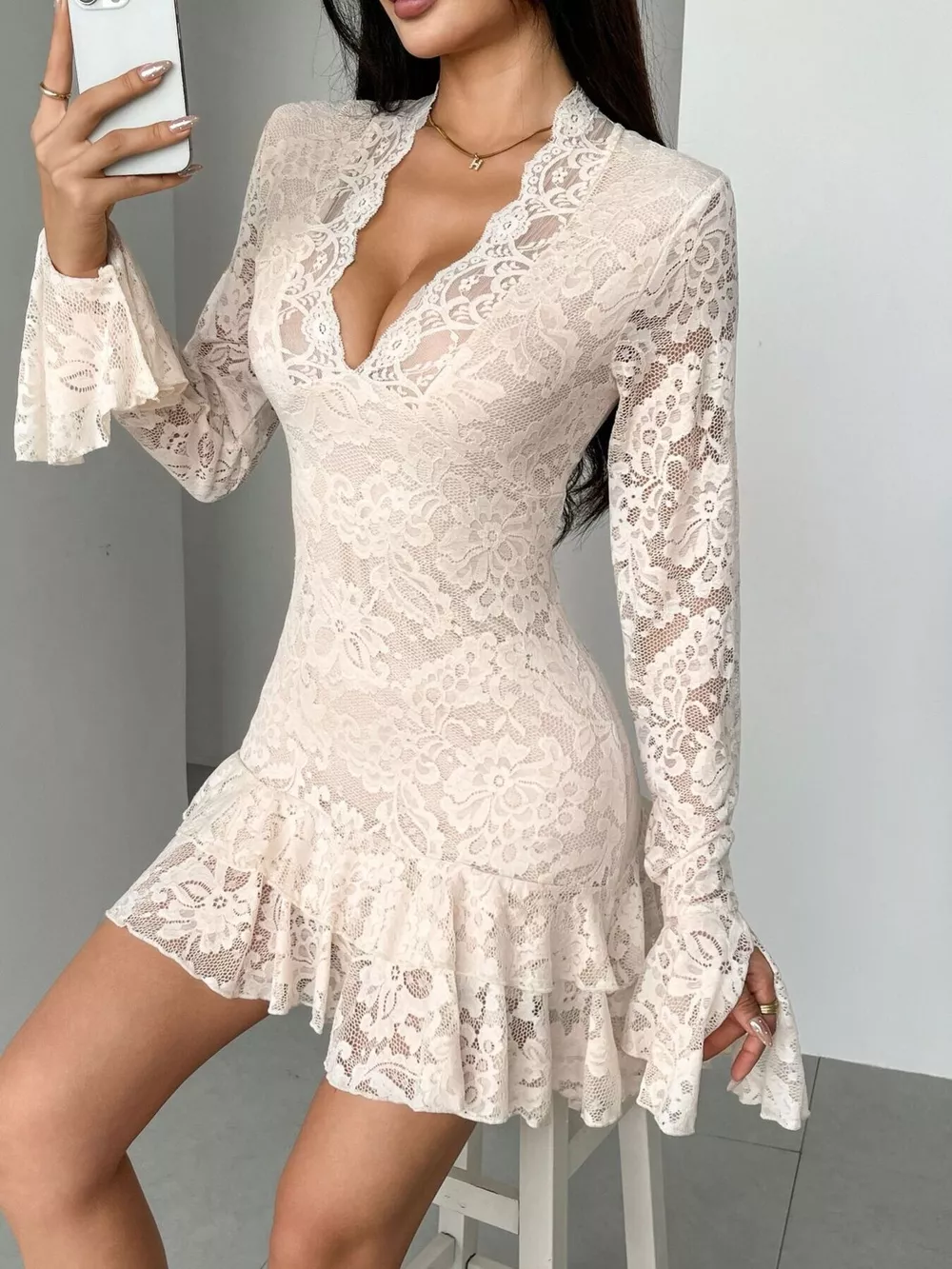 Lace Ruffle Hem Mini Dress, image 3