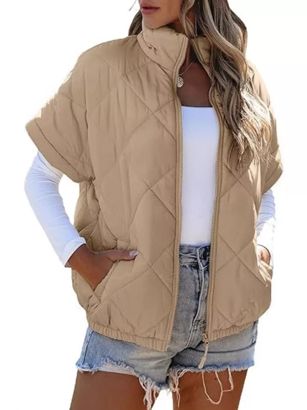 Quilted Zip Up Short Sleeve Winter Coat, image 14