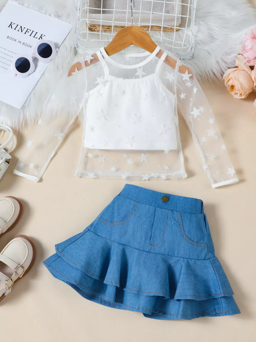Children's Cami & Star Print Mesh Top & Ruffle Denim Skirt Set, image 2