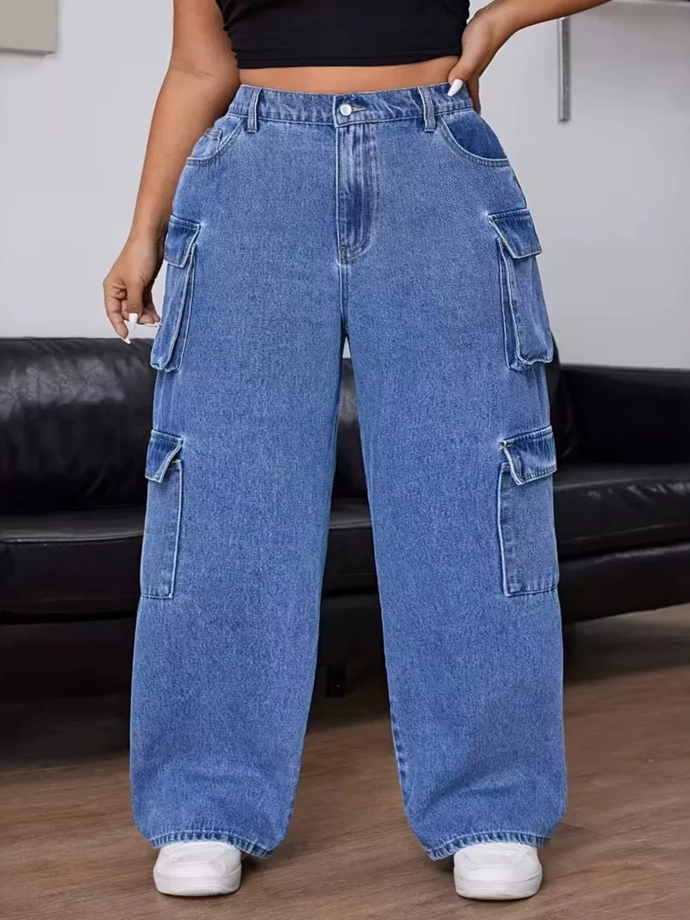 Plus Size High-Waisted Wide Leg Cargo Jeans, image 2